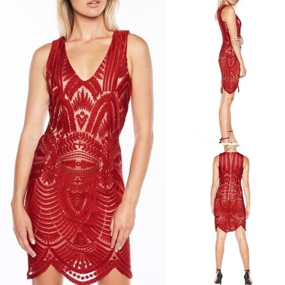 Bardot Lipstick Red Mesh Lace Embroidered Sheath Dress Sz 4/XS - Picture 13 of 14